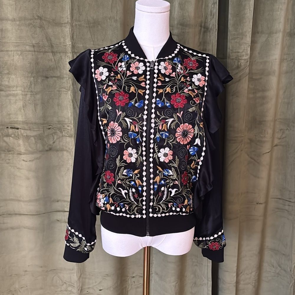 Zara viscose/cotton Floral Embroidered Black bomber Jacket, S - Picture 5 of 12